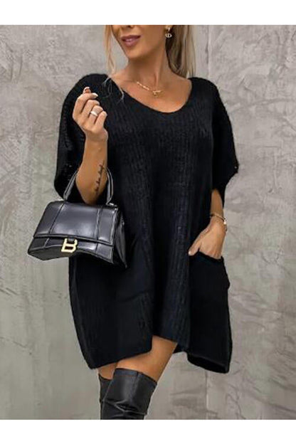 V-Neck Short Sleeve Sweater with Pockets - Pullover Sweaters - FITGGINS