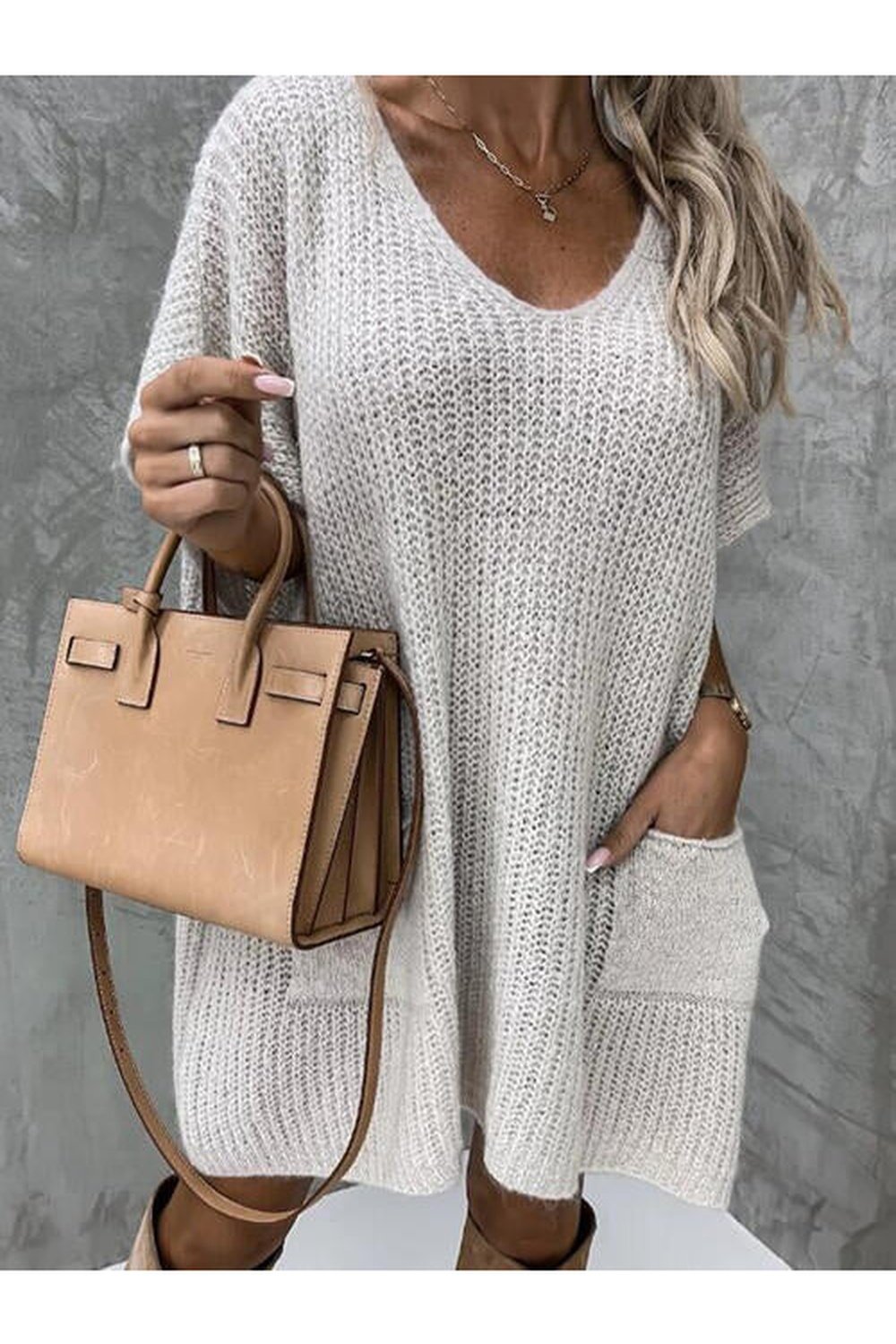 V-Neck Short Sleeve Sweater with Pockets - Pullover Sweaters - FITGGINS