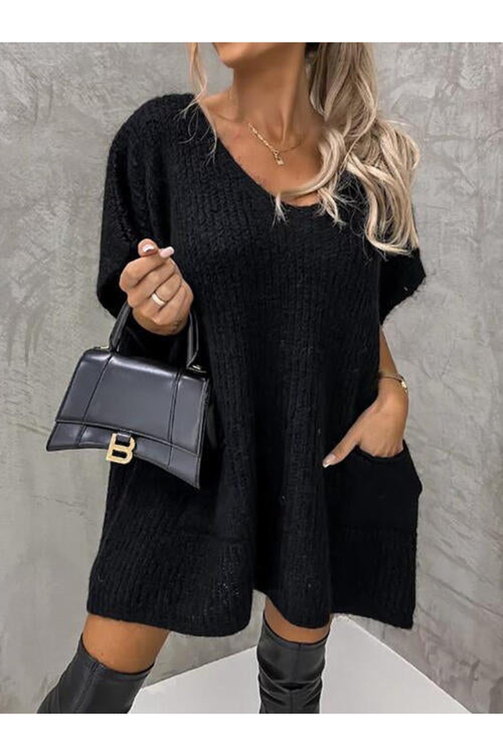 V-Neck Short Sleeve Sweater with Pockets - Pullover Sweaters - FITGGINS