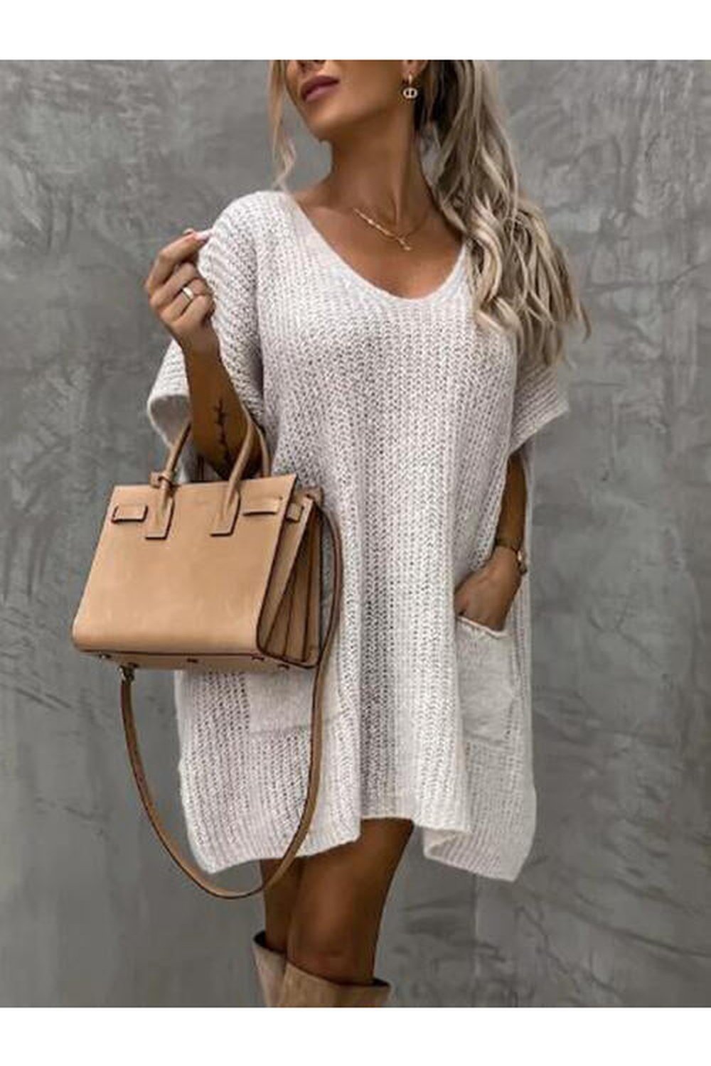 V-Neck Short Sleeve Sweater with Pockets - Pullover Sweaters - FITGGINS