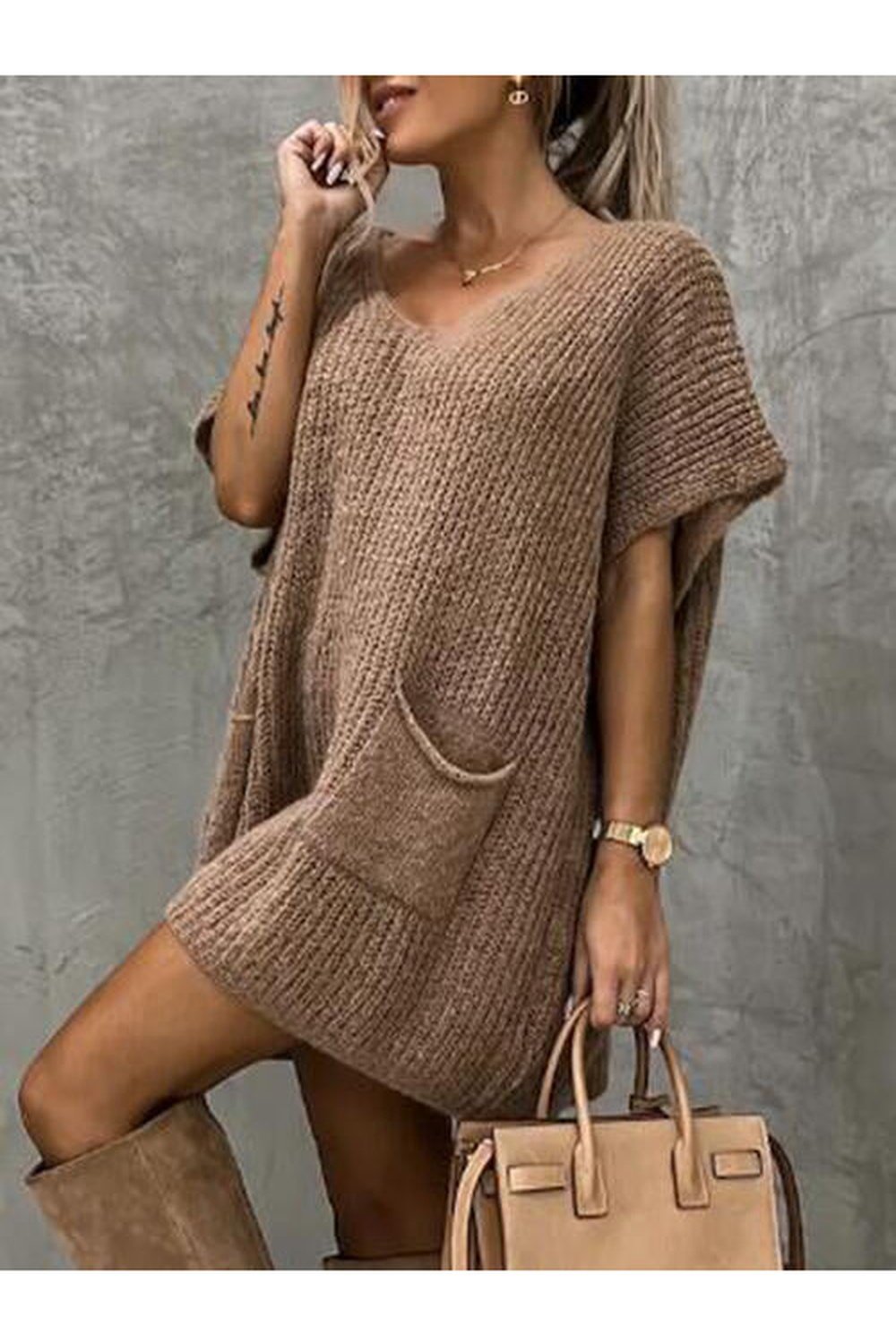 V-Neck Short Sleeve Sweater with Pockets - Pullover Sweaters - FITGGINS