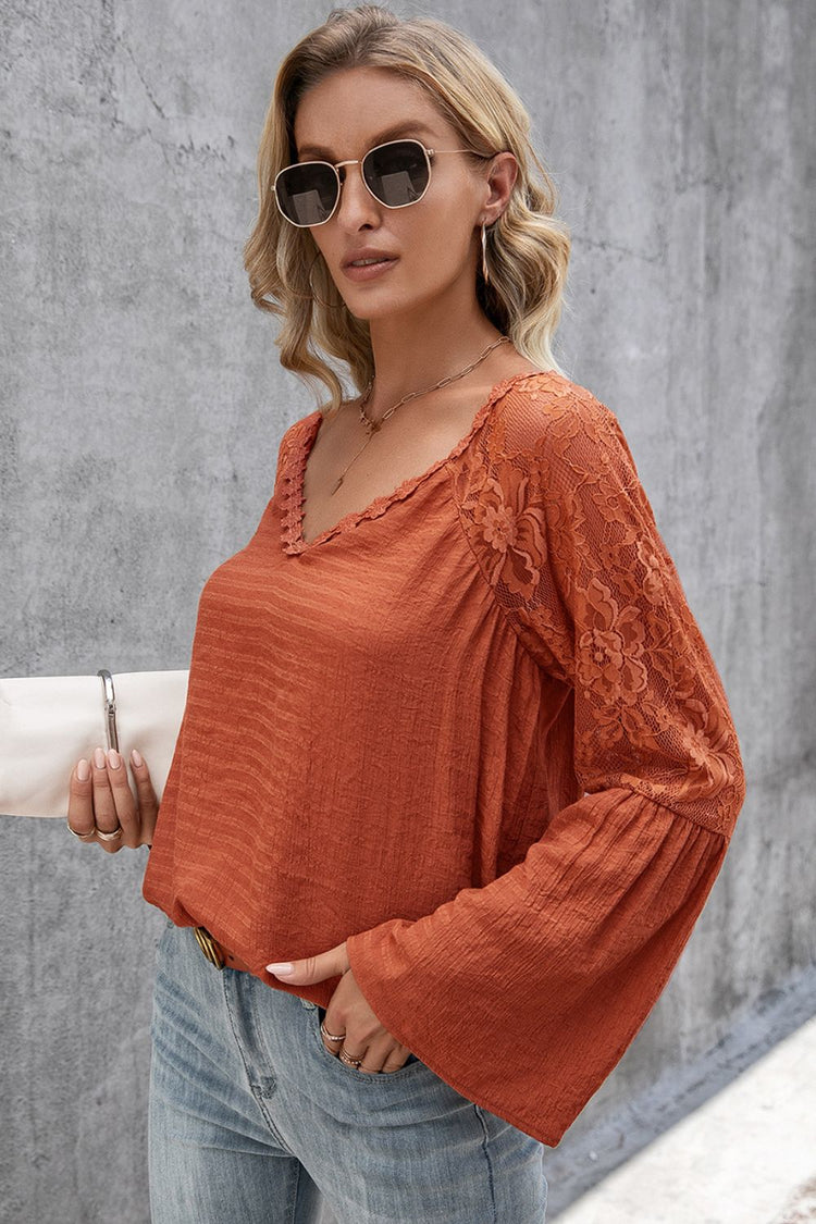 V-Neck Spliced Lace Flare Sleeve Top