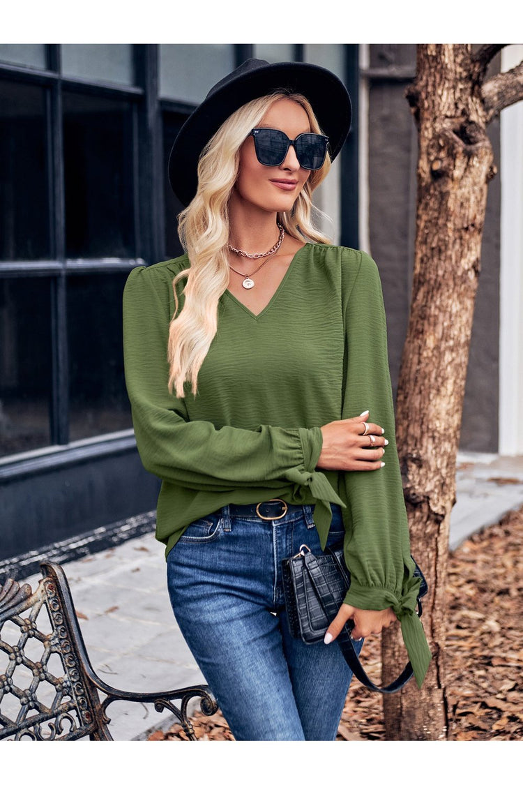 V-Neck Tie Cuff Puff Sleeve Blouse
