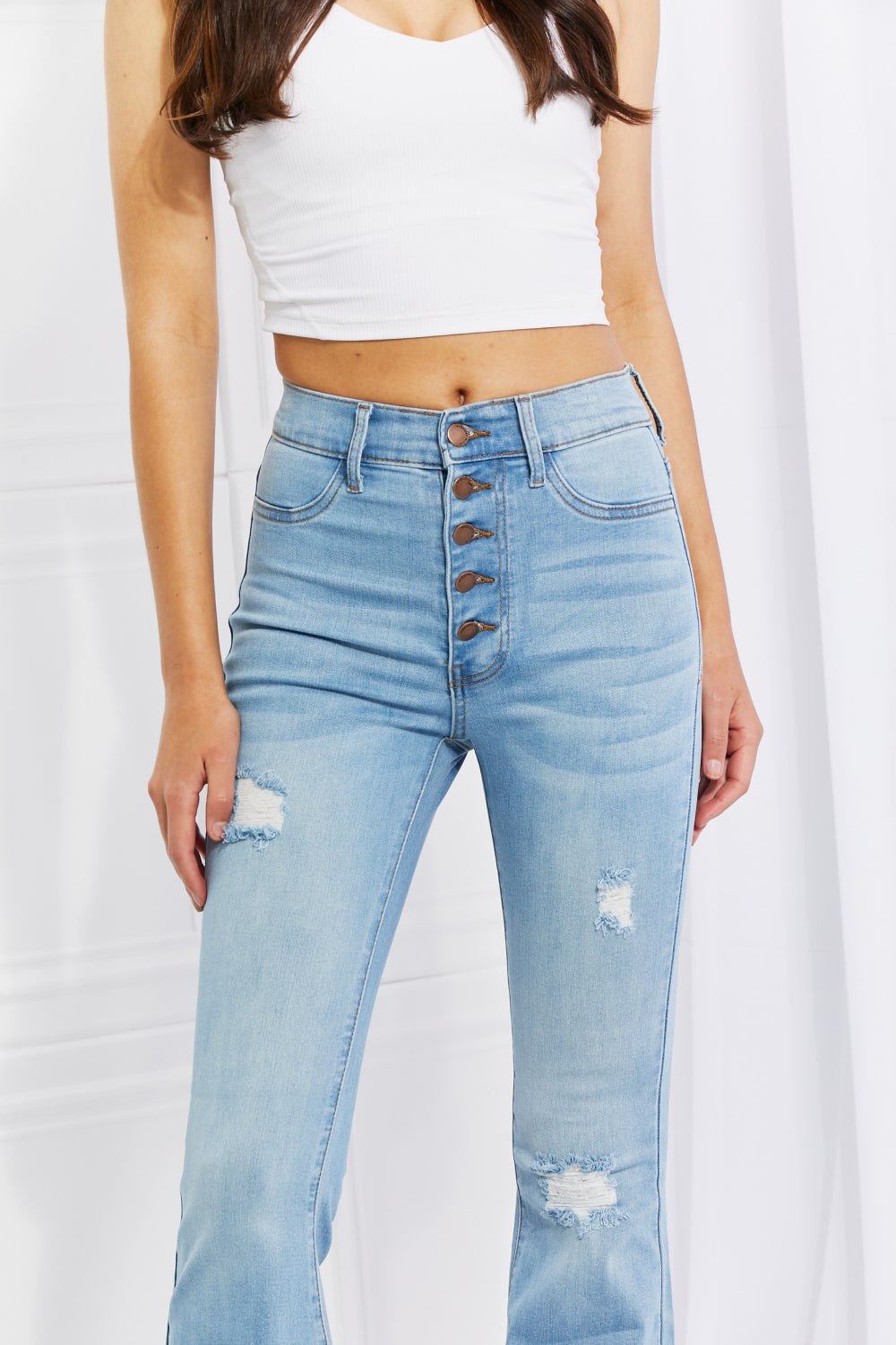 Vibrant MIU Full Size Jess Button Flare Jeans - Jeans - FITGGINS