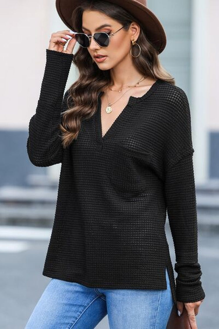 Waffle-Knit Notched Dropped Shoulder Blouse - Blouses - FITGGINS