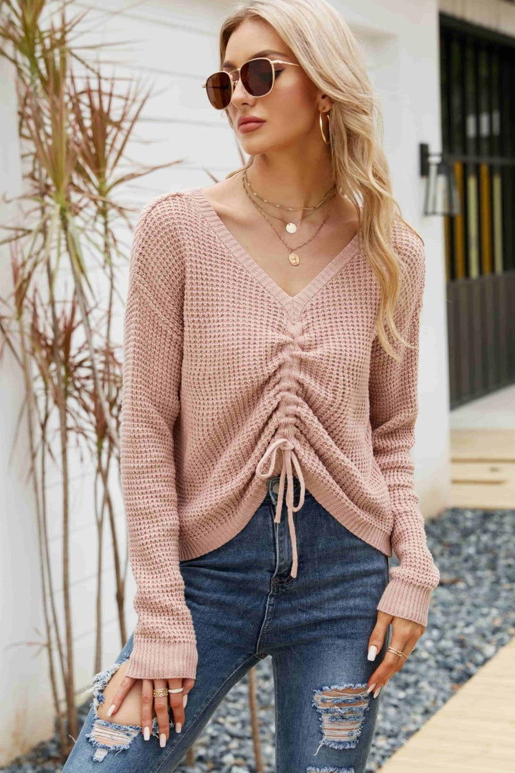 Waffle-Knit Drawstring Detail V-Neck Sweater - Pullover Sweaters - FITGGINS