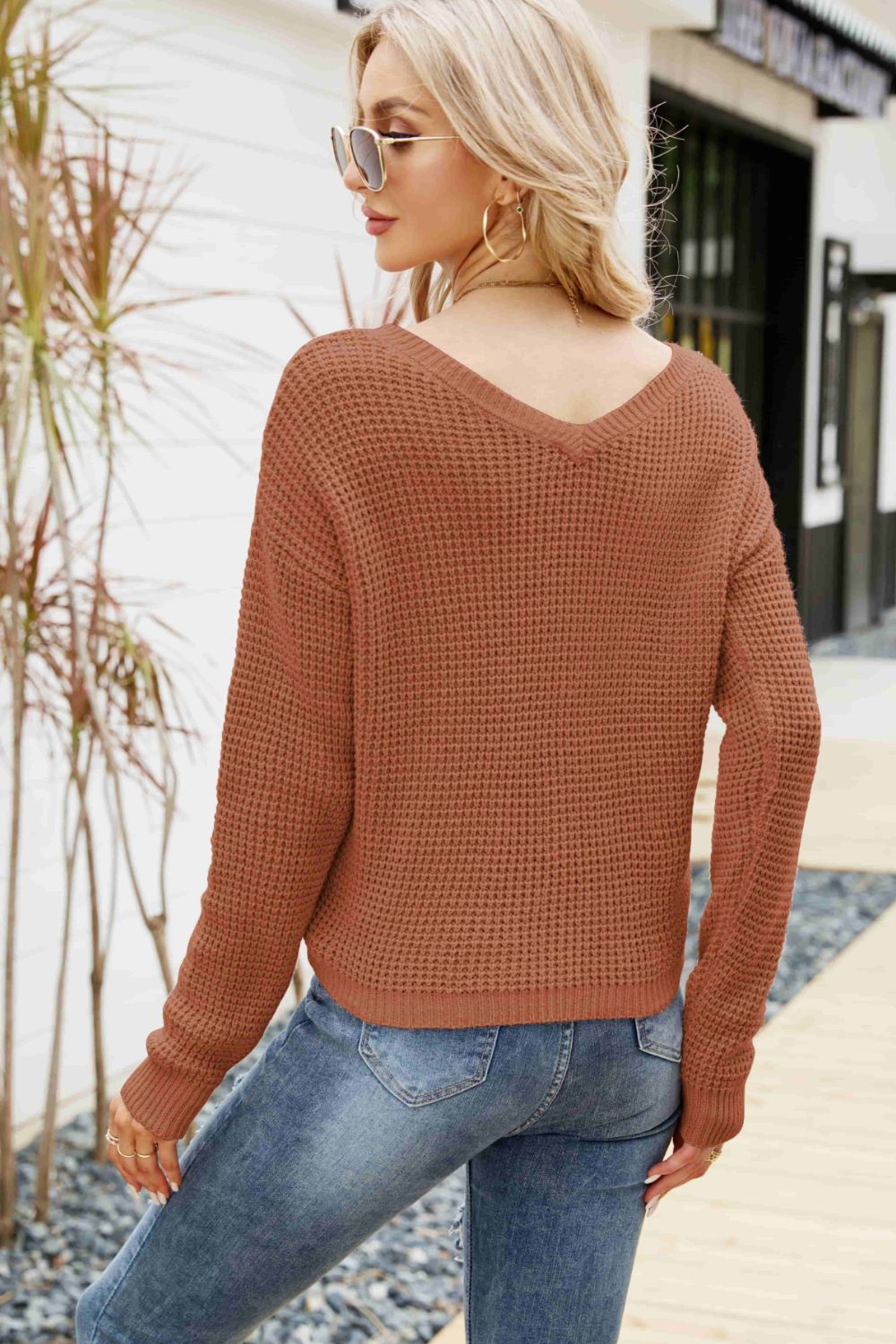 Waffle-Knit Drawstring Detail V-Neck Sweater - Pullover Sweaters - FITGGINS