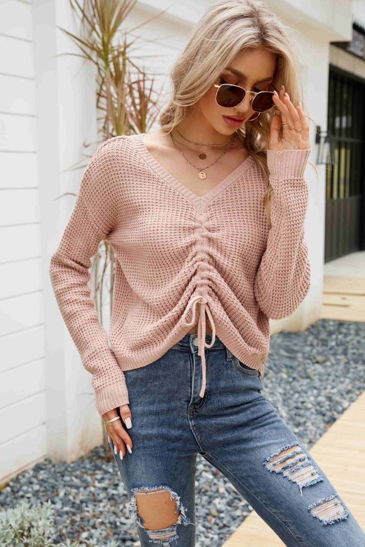 Waffle-Knit Drawstring Detail V-Neck Sweater - Pullover Sweaters - FITGGINS