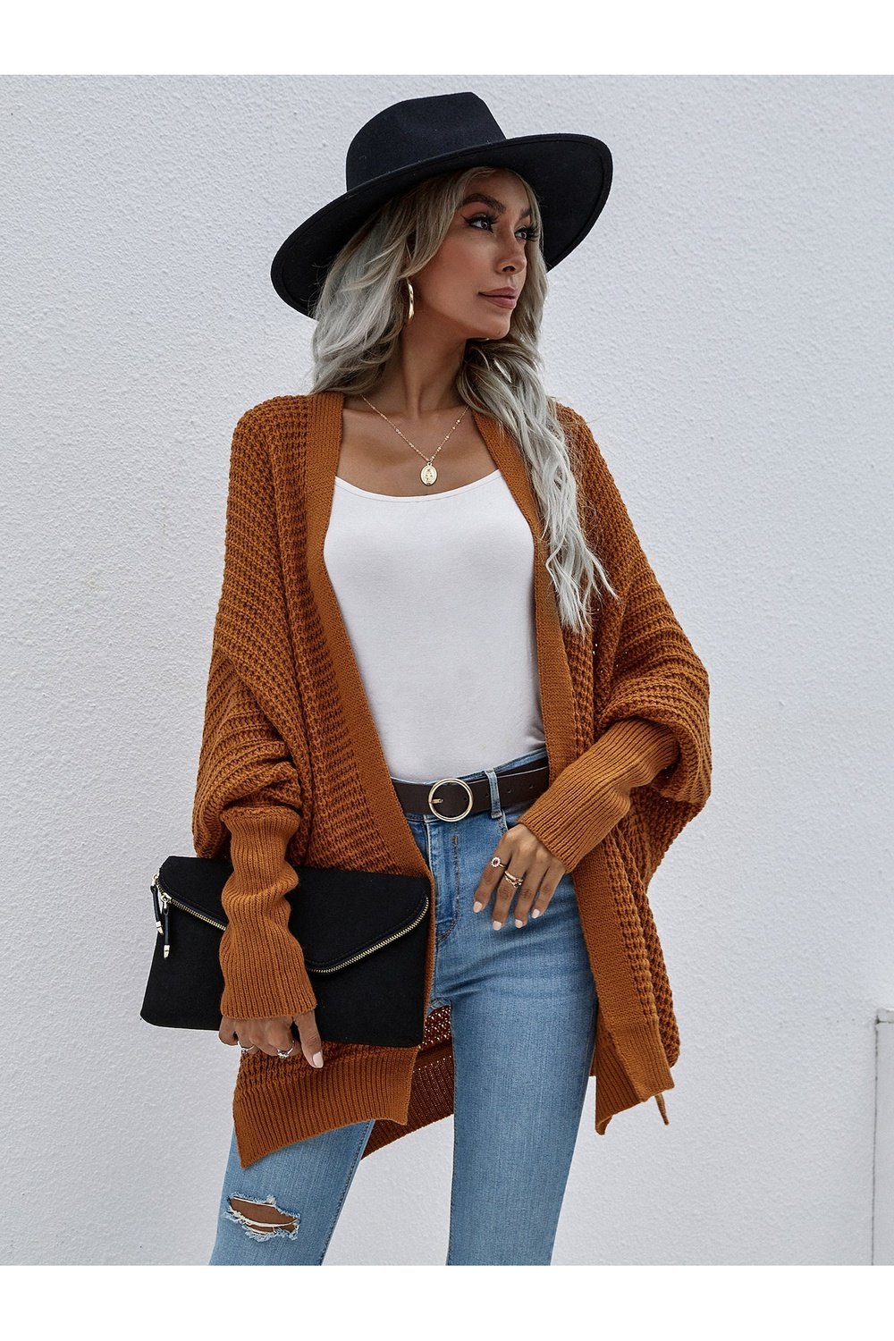 Waffle Knit Open Front Cardigan - Cardigans - FITGGINS