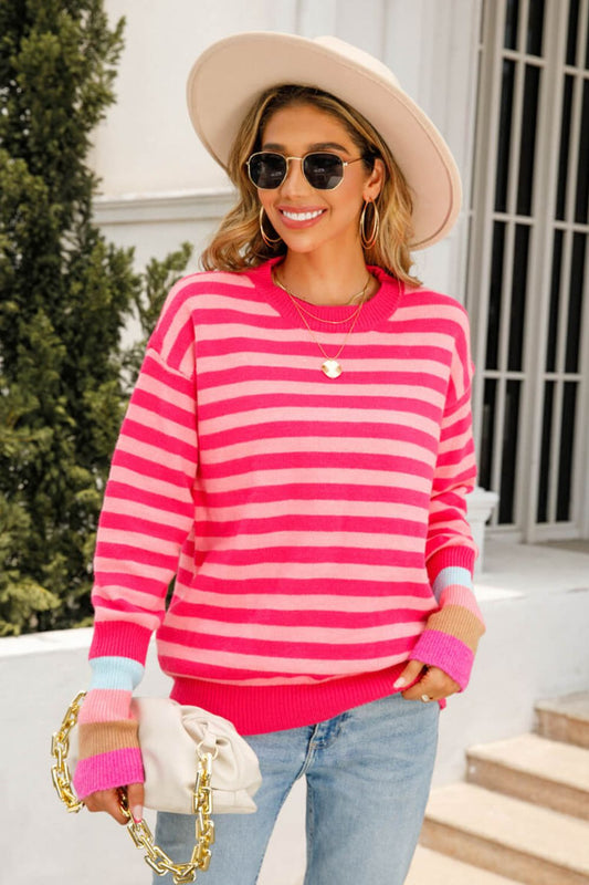 Warm Spice Striped Round Neck Sweater Fuchsia Fitggins