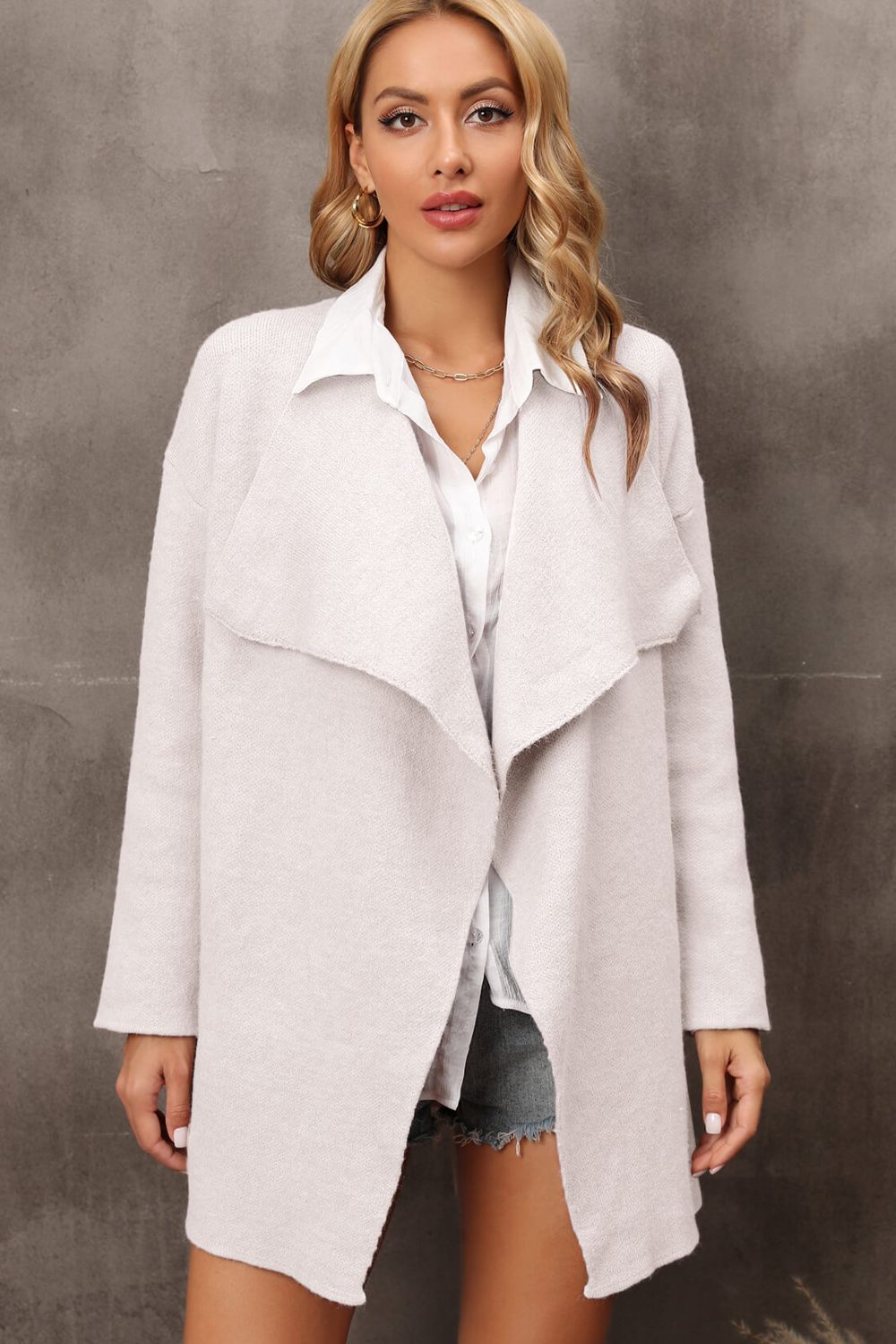 Waterfall Collar Longline Cardigan with Side Pockets - Cardigans - FITGGINS