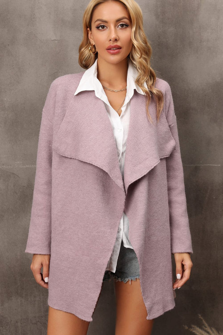 Waterfall Collar Longline Cardigan with Side Pockets - Cardigans - FITGGINS
