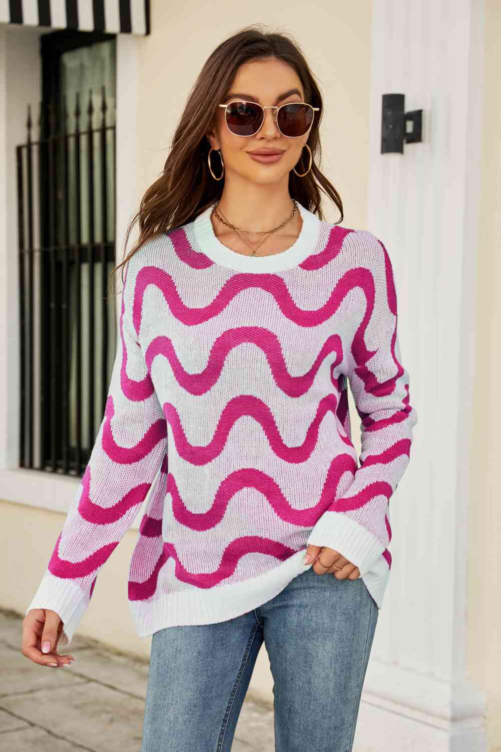 Wave Stripe Ribbed Trim Tunic Sweater - Pullover Sweaters - FITGGINS