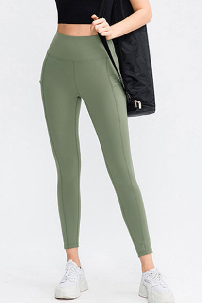 Wide Waistband Slim Fit Long Sports Pants with Pocket - Leggings - FITGGINS