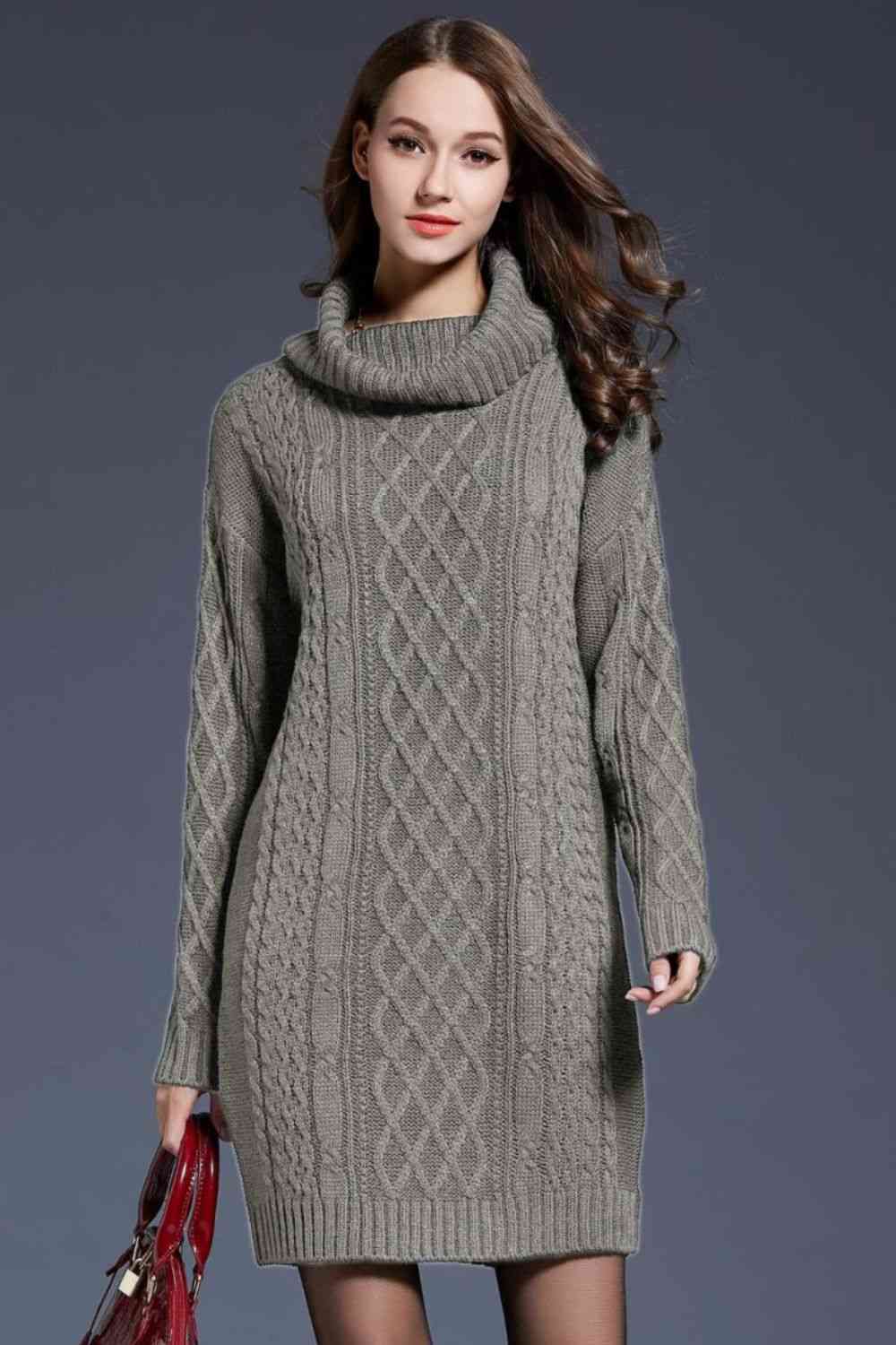 Woven Right Full Size Mixed Knit Cowl Neck Dropped Shoulder Sweater Dress - Sweater Dresses - FITGGINS