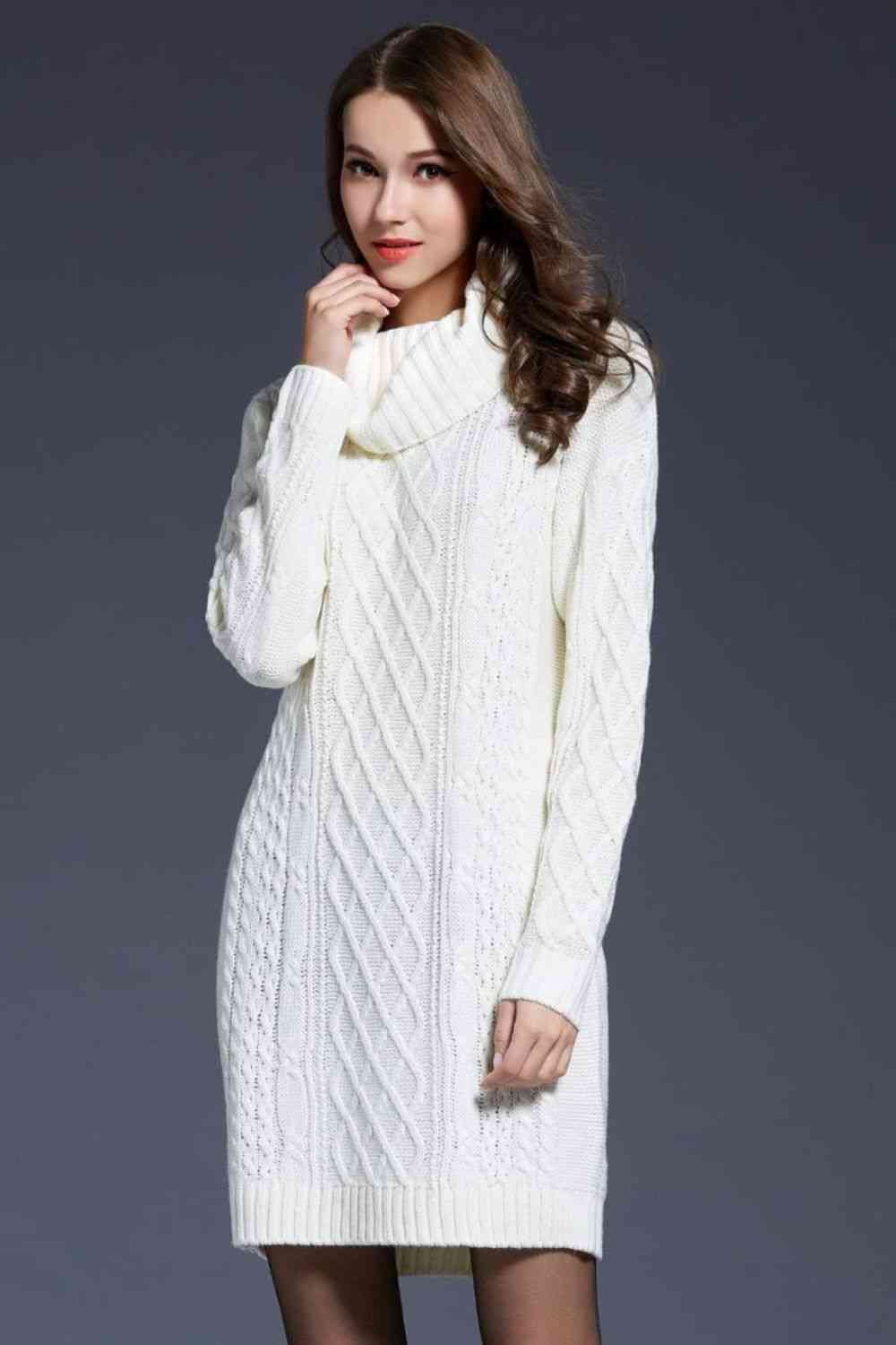 Woven Right Full Size Mixed Knit Cowl Neck Dropped Shoulder Sweater Dress - Sweater Dresses - FITGGINS