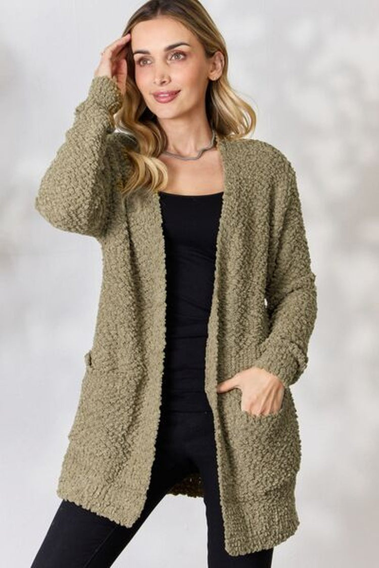 Zenana Falling For You Full Size Open Front Popcorn Cardigan - Cardigans - FITGGINS