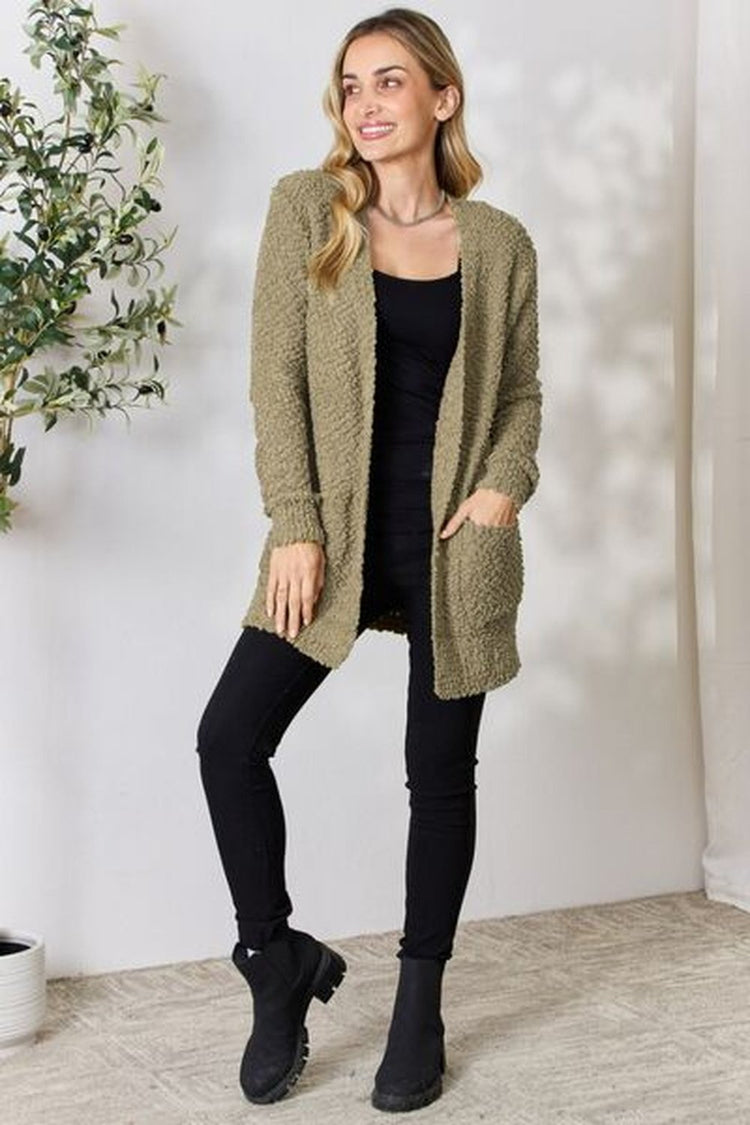 Zenana Falling For You Full Size Open Front Popcorn Cardigan - Cardigans - FITGGINS