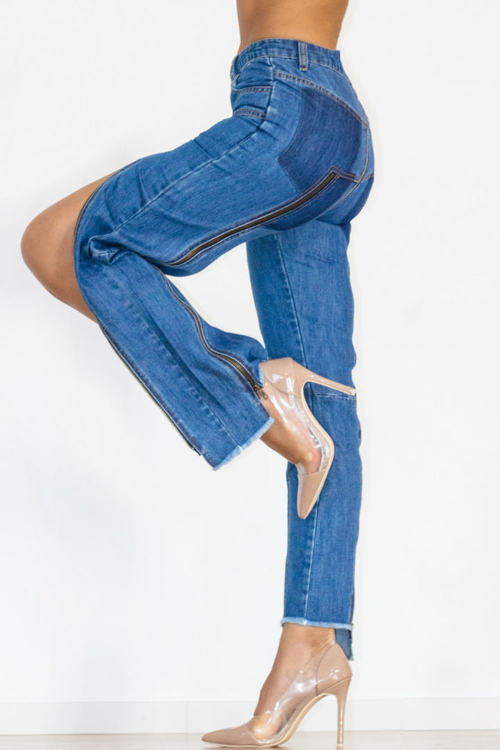 Zip Detail Slit Long Jeans - Jeans - FITGGINS