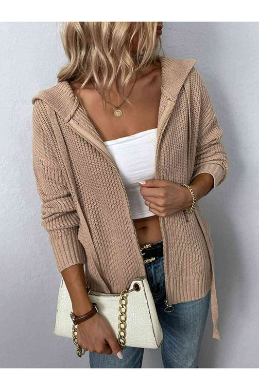 Zip-Up Drawstring Detail Hooded Cardigan - Cardigans - FITGGINS