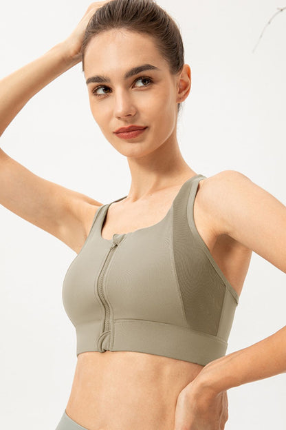 Zip-Up Round Neck Sports Bra - Sports Bras - FITGGINS