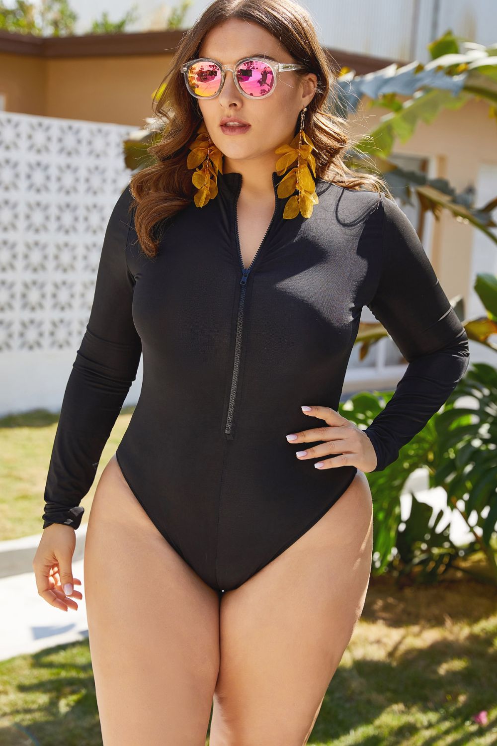 Zip Up Long Sleeve One-Piece Swimsuit - Swimwear One-Pieces - FITGGINS