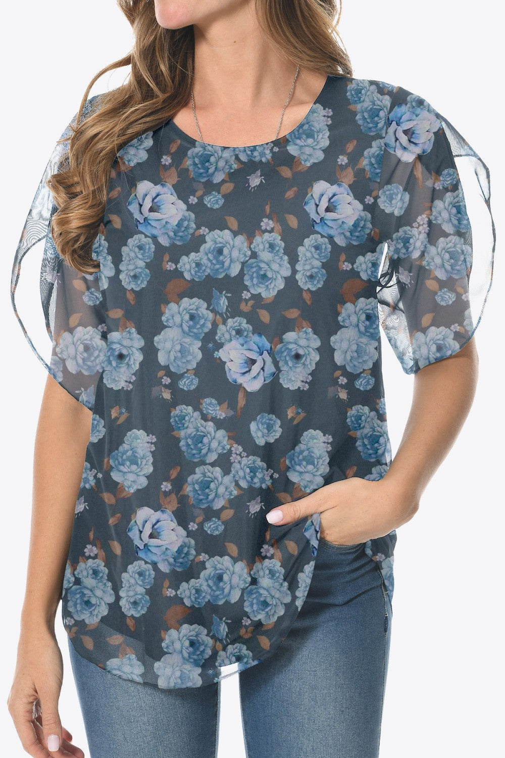 Printed Round Neck Curved Hem Blouse - Blouses - FITGGINS