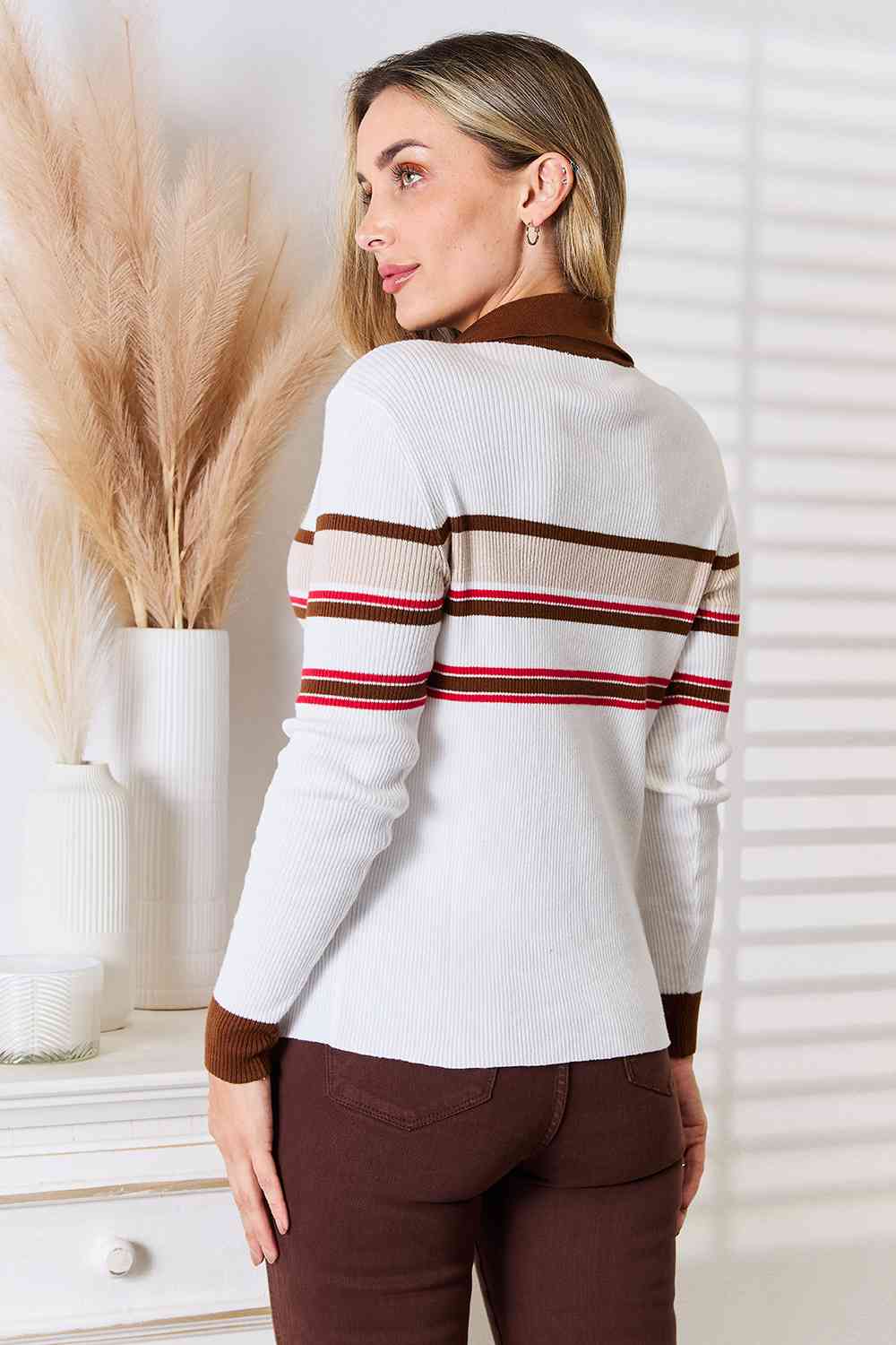 Basic Bae Striped Collared Neck Rib-Knit Top - Pullover Sweaters - FITGGINS