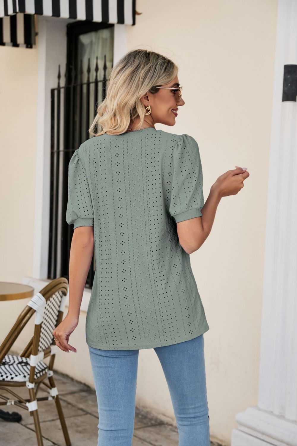 Eyelet Puff Sleeve V-Neck Top - Blouses - FITGGINS