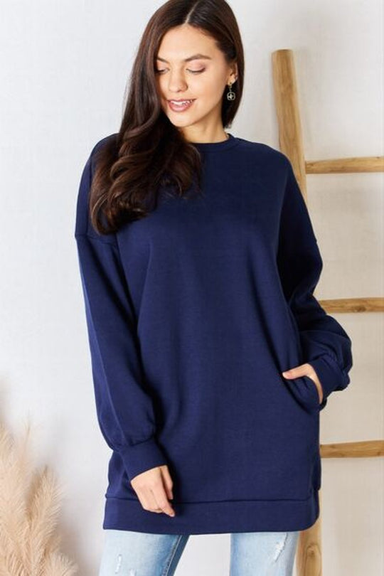 Zenana Oversized Round Neck Long Sleeve Sweatshirt - Pullover Sweaters - FITGGINS