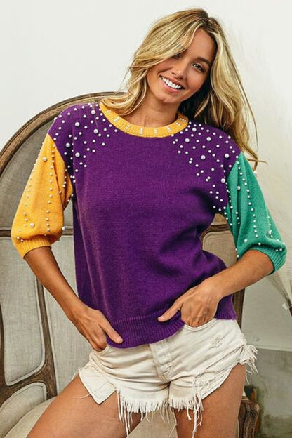 BiBi Color Block Pearl Detail Round Neck Sweater - Pullover Sweaters - FITGGINS