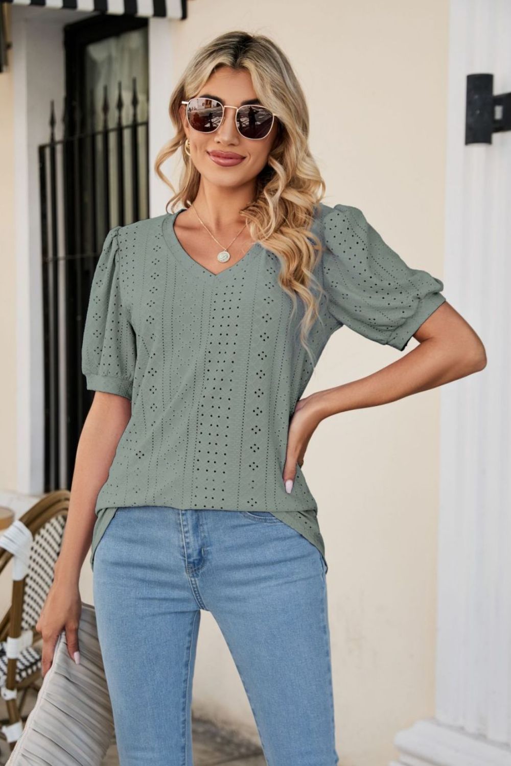 Eyelet Puff Sleeve V-Neck Top - Blouses - FITGGINS