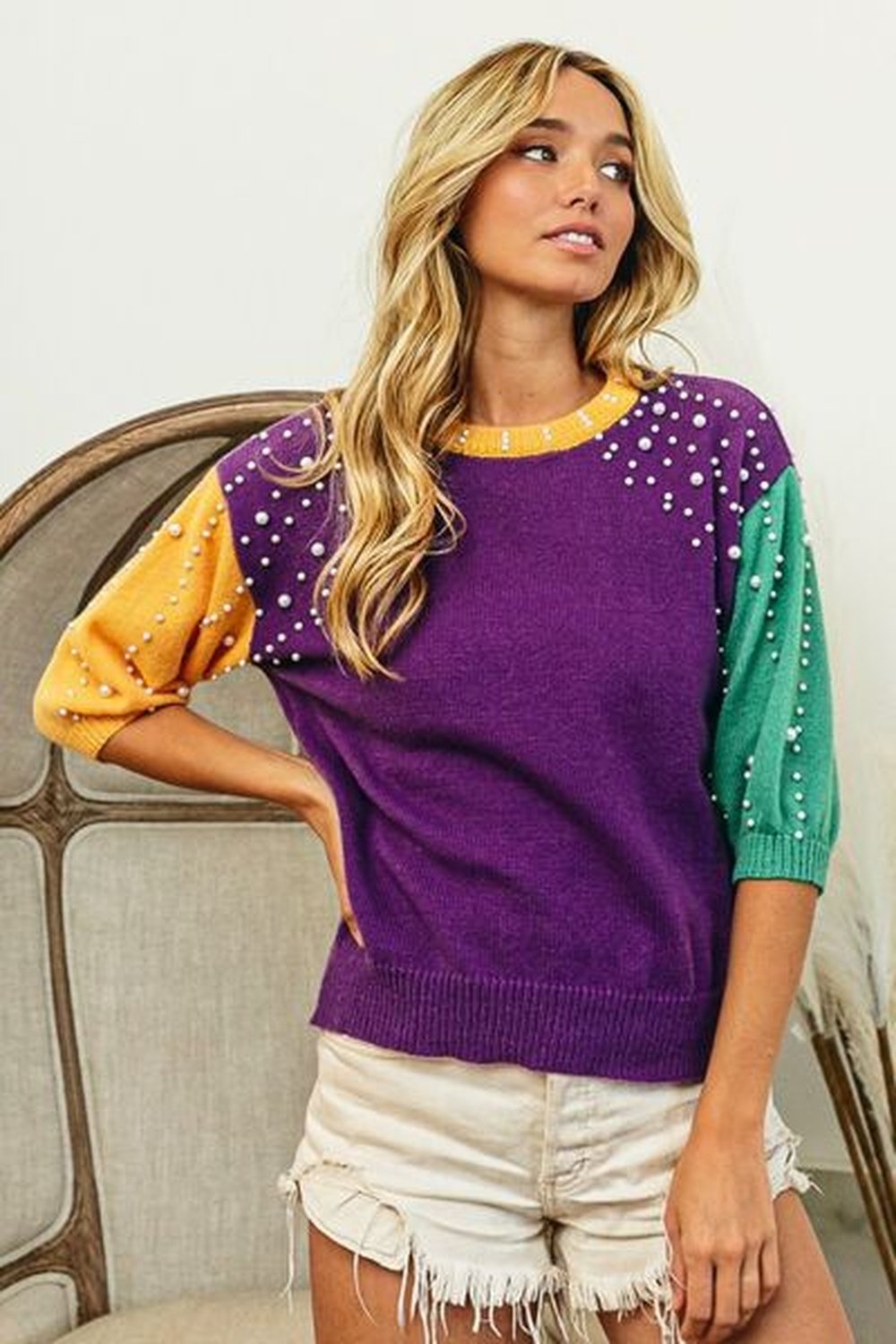 BiBi Color Block Pearl Detail Round Neck Sweater - Pullover Sweaters - FITGGINS