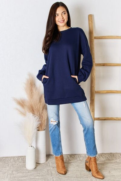 Zenana Oversized Round Neck Long Sleeve Sweatshirt - Pullover Sweaters - FITGGINS