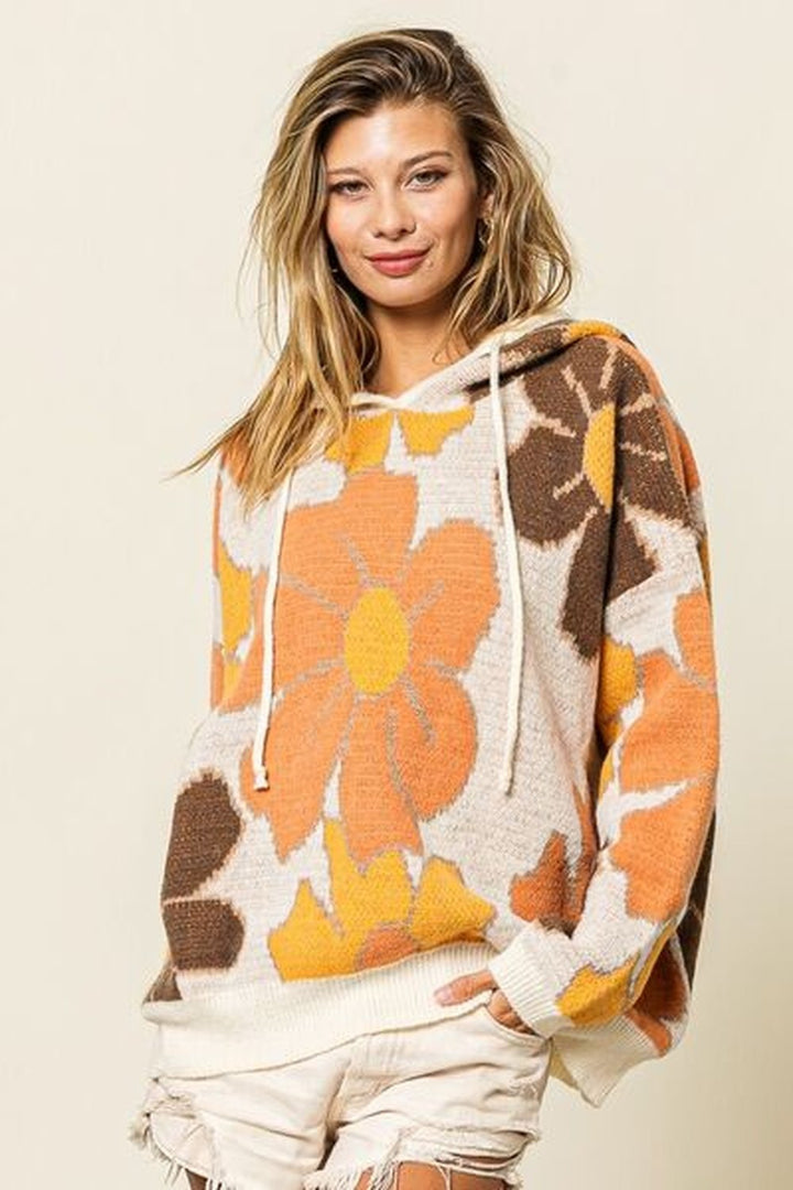 BiBi Flower Pattern Drawstring Hooded Sweater - Pullover Sweaters - FITGGINS