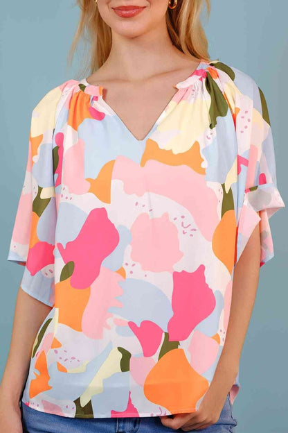 Printed Notched Neck Half Sleeve Blouse - Blouses - FITGGINS