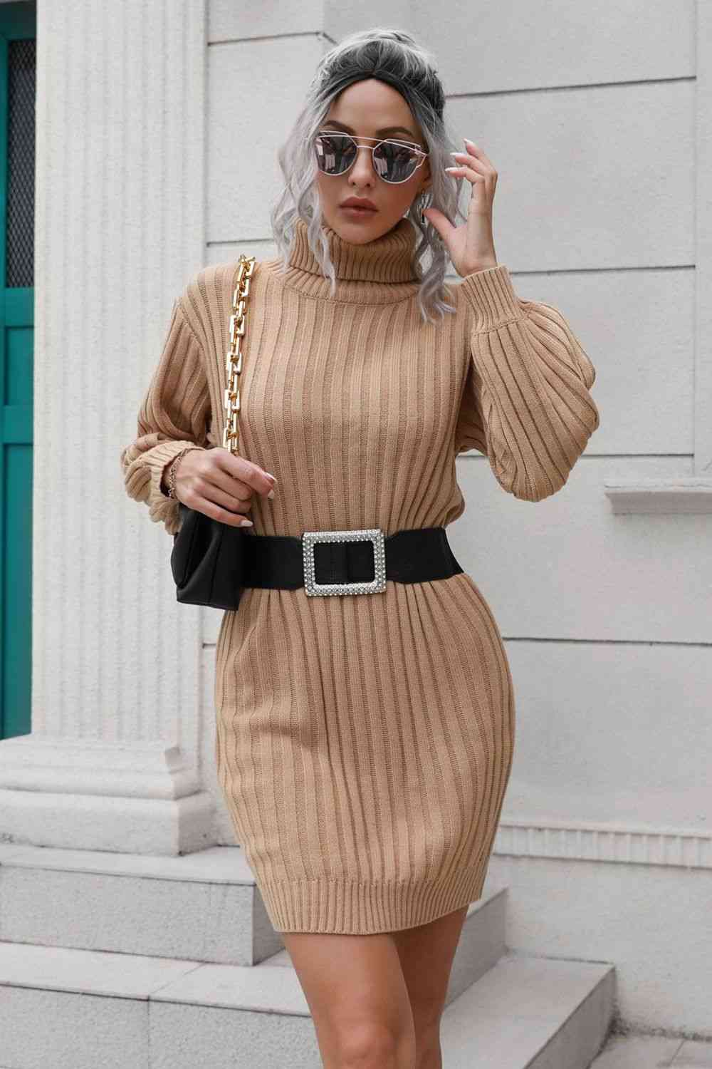 Ribbed Turtle Neck Long Sleeve Mini Sweater Dress - Sweater Dresses - FITGGINS