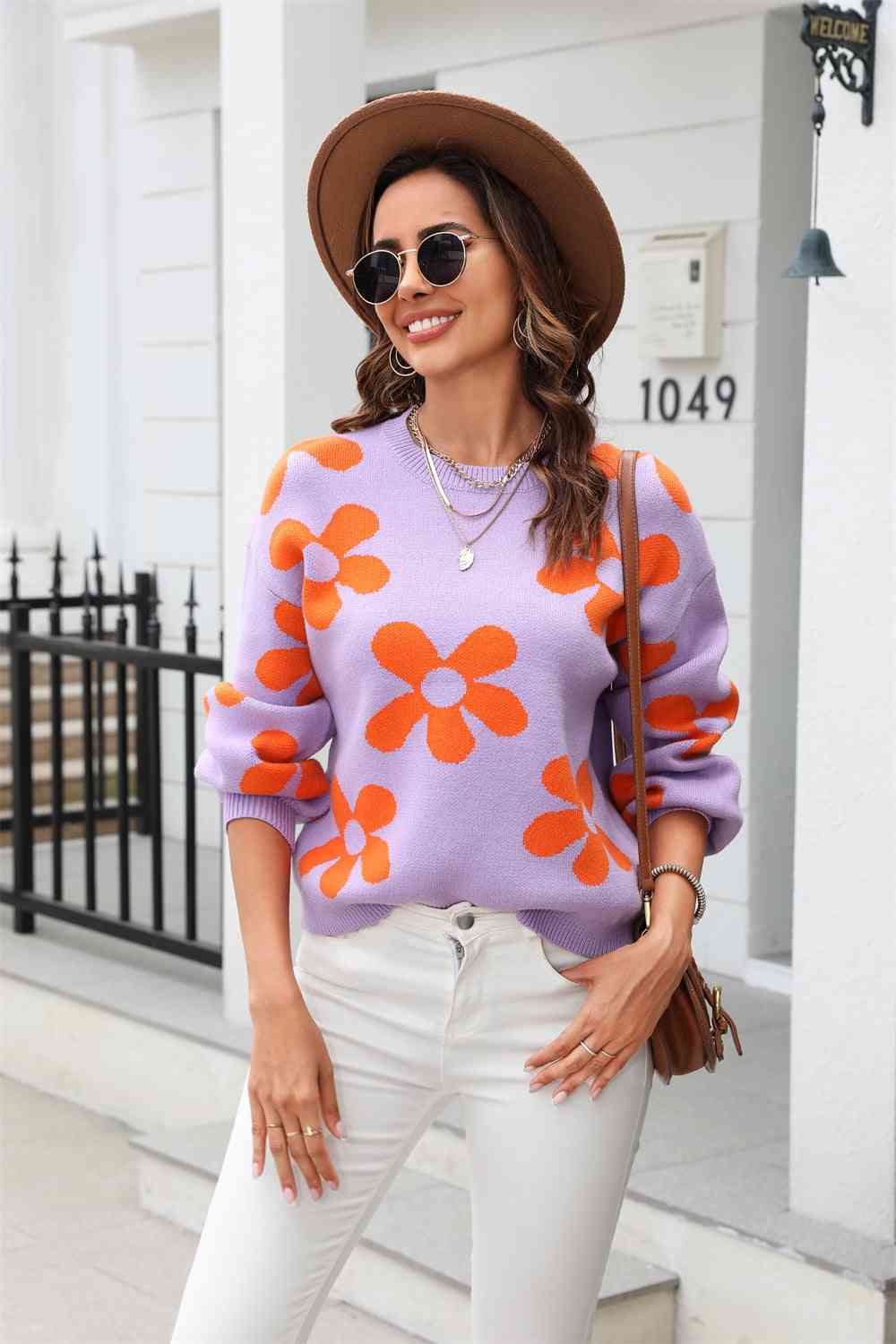 Floral Print Round Neck Dropped Shoulder Pullover Sweater - Pullover Sweaters - FITGGINS