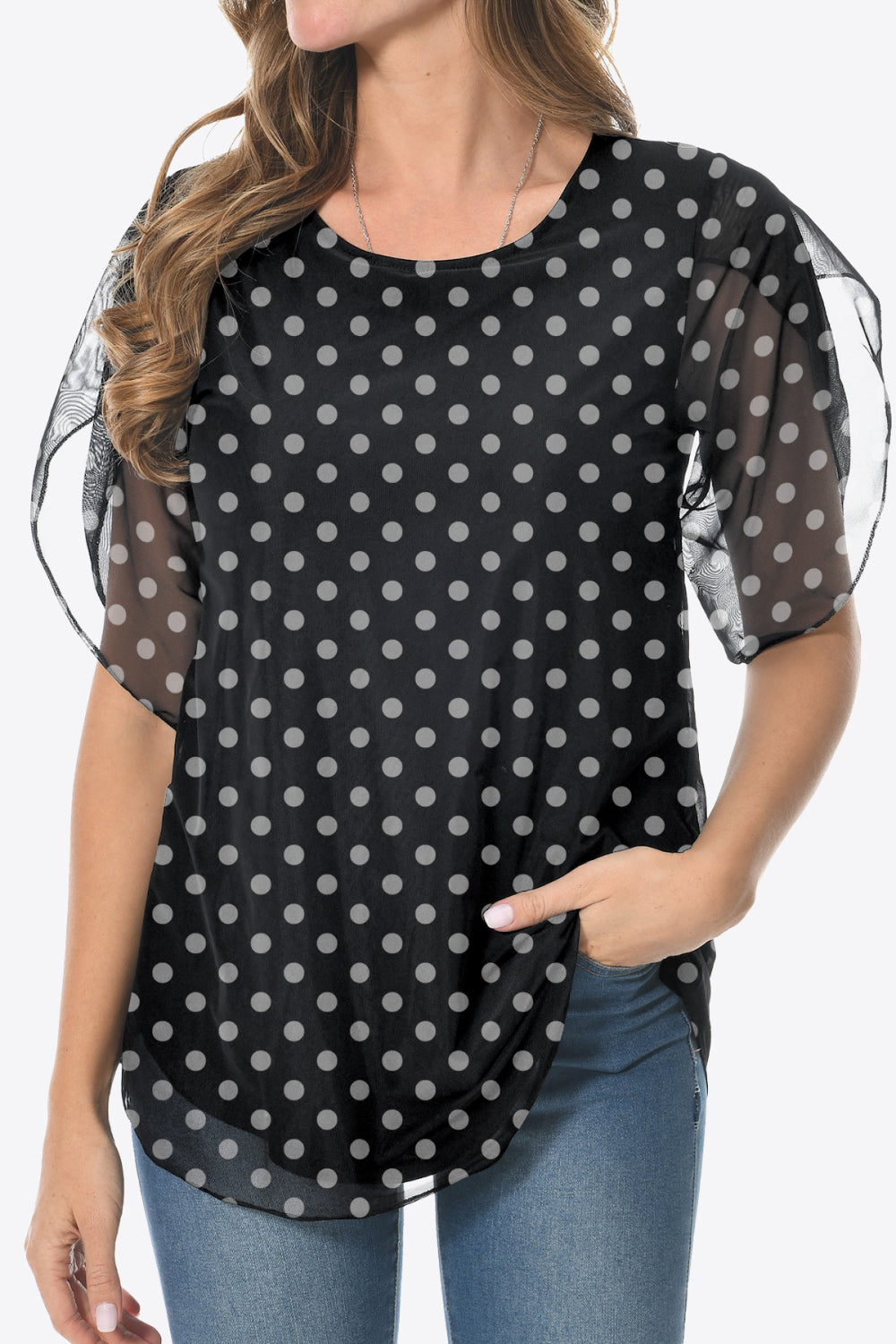 Printed Round Neck Curved Hem Blouse - Blouses - FITGGINS