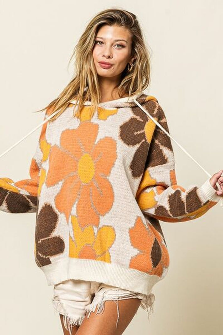 BiBi Flower Pattern Drawstring Hooded Sweater - Pullover Sweaters - FITGGINS