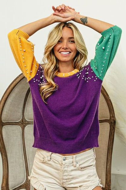 BiBi Color Block Pearl Detail Round Neck Sweater - Pullover Sweaters - FITGGINS