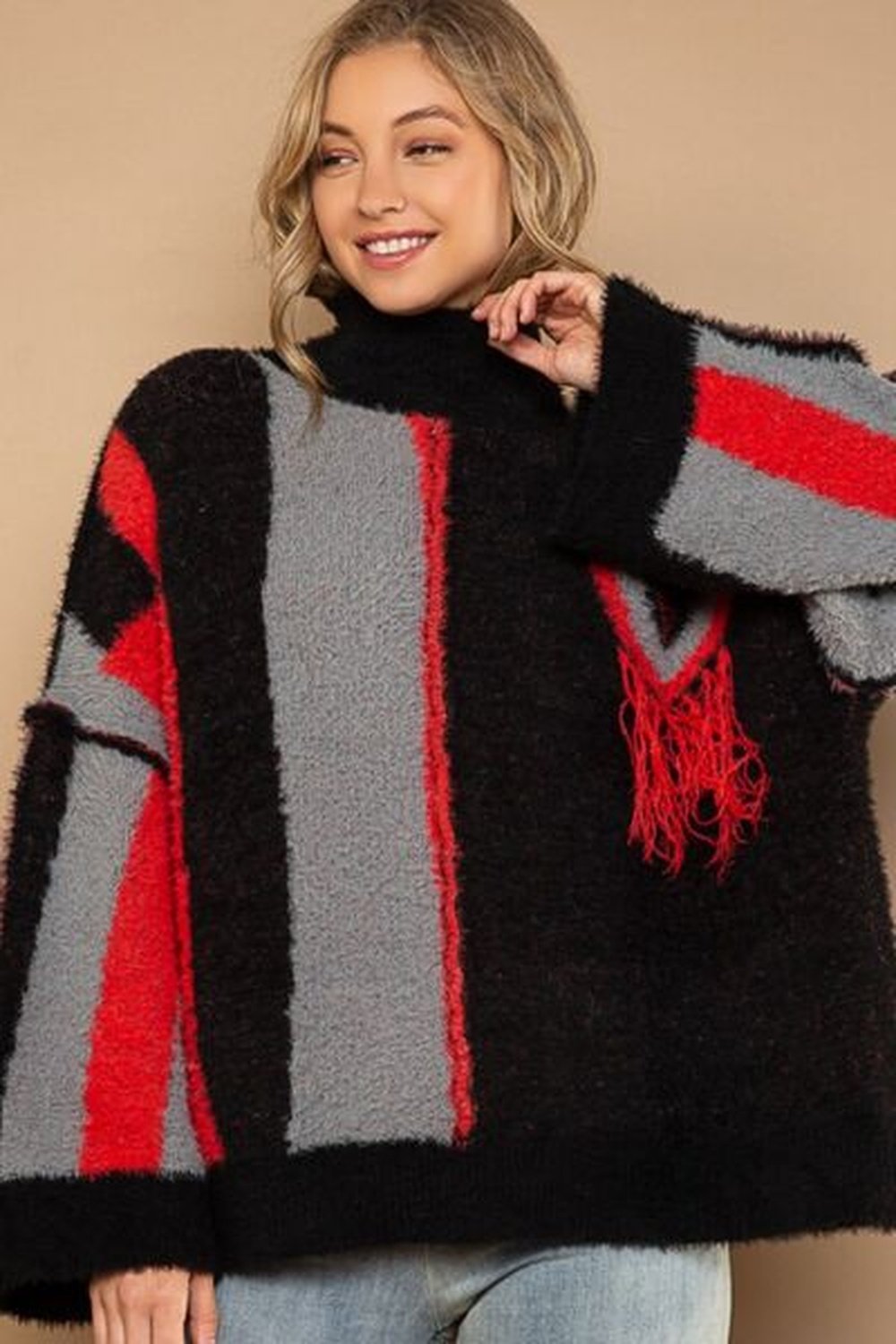 POL Turtleneck Color Block Fringe Detail Sweater - Pullover Sweaters - FITGGINS