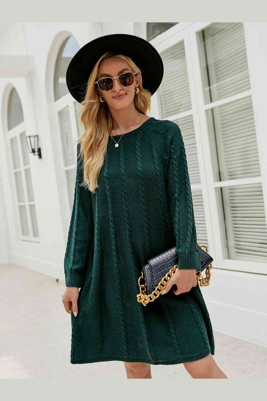 Cable-Knit Long Sleeve Sweater Dress - Sweater Dresses - FITGGINS