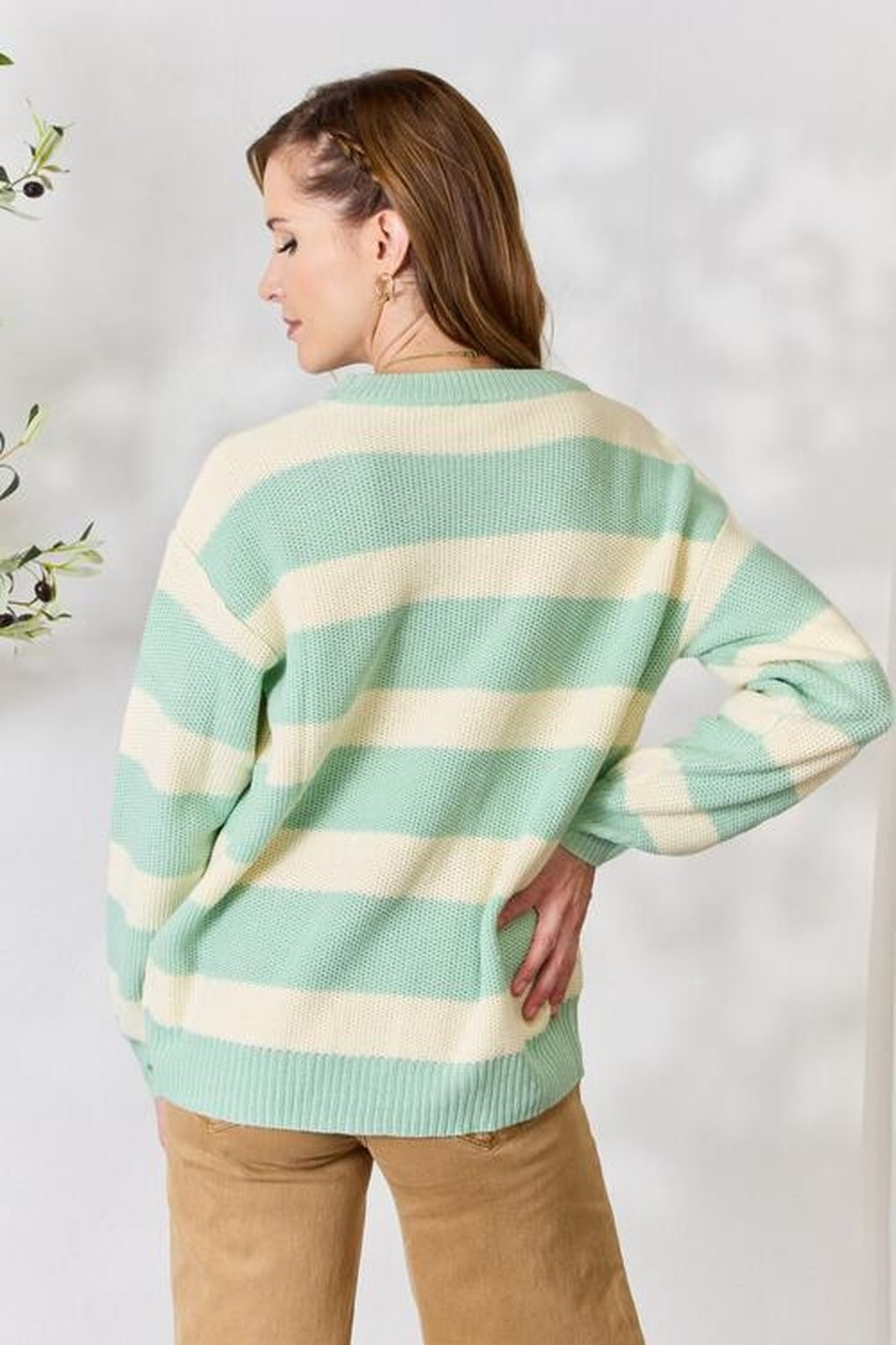 Sew In Love Full Size Contrast Striped Round Neck Sweater - Pullover Sweaters - FITGGINS