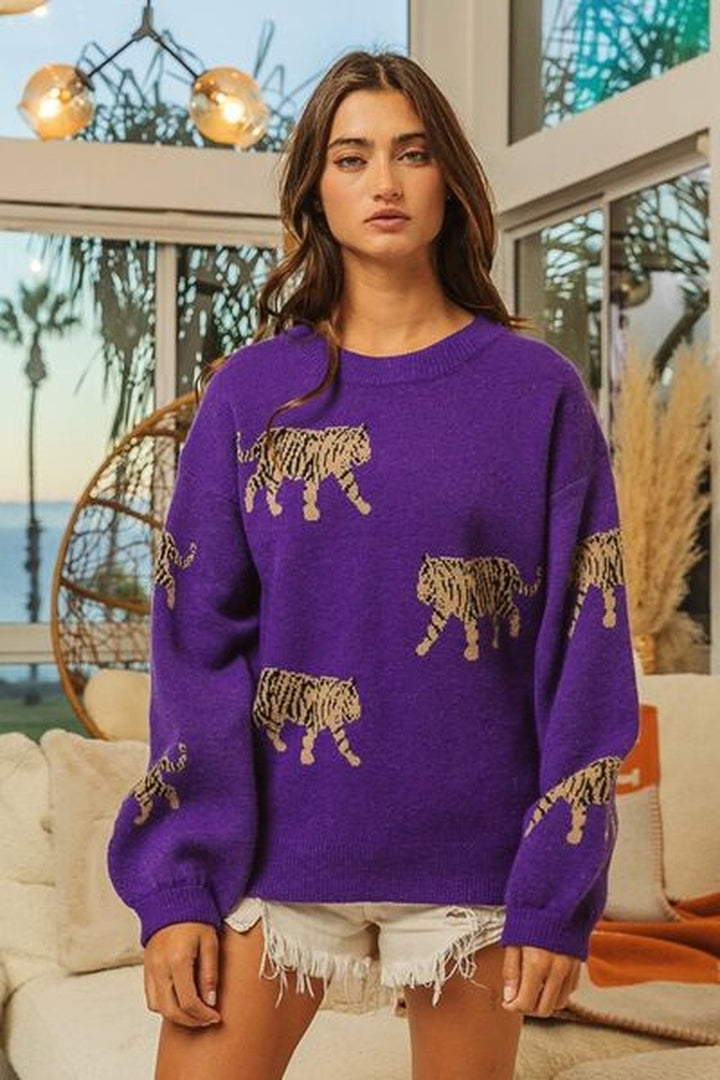 BiBi Tiger Pattern Long Sleeve Sweater - Pullover Sweaters - FITGGINS