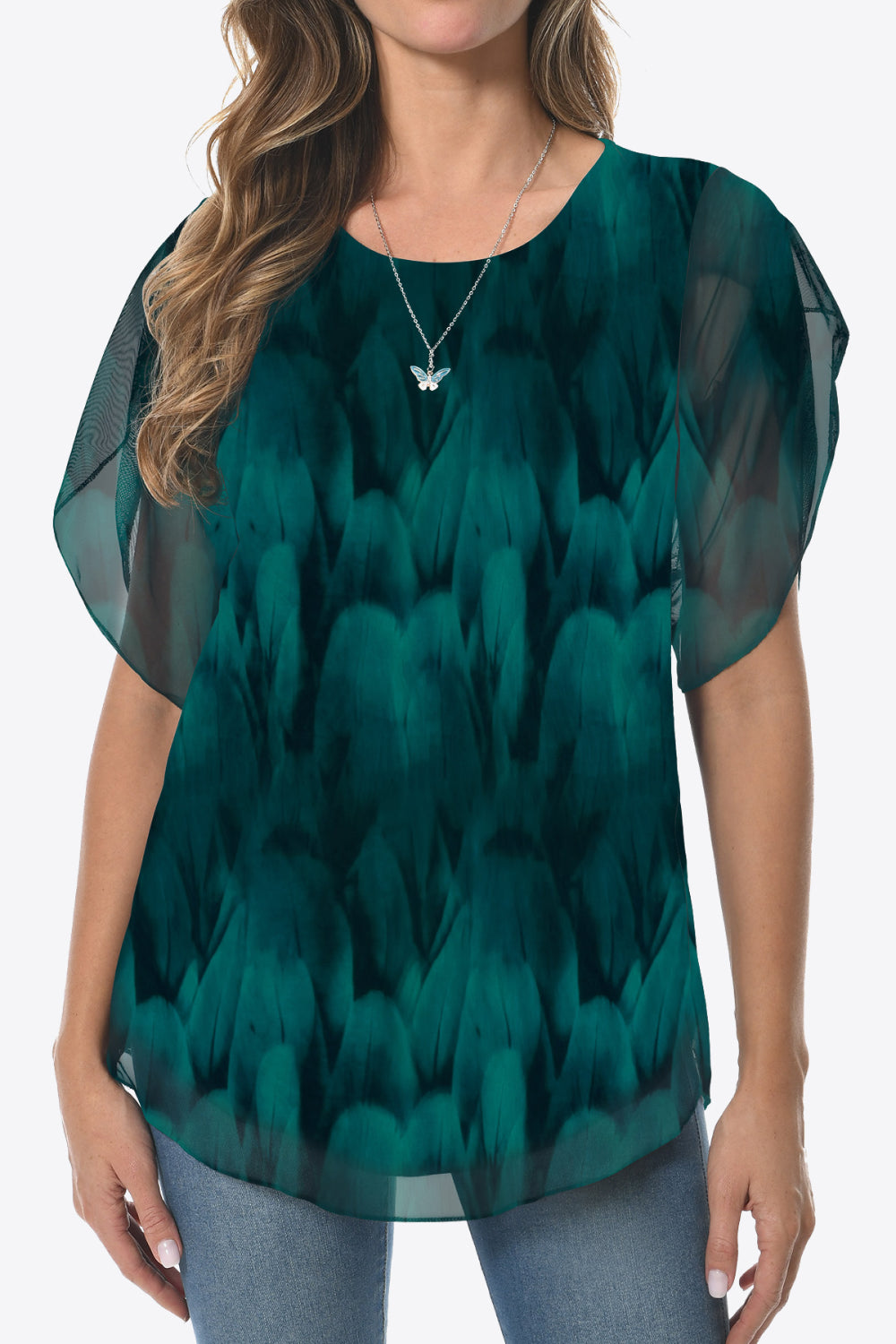 Printed Round Neck Curved Hem Blouse - Blouses - FITGGINS