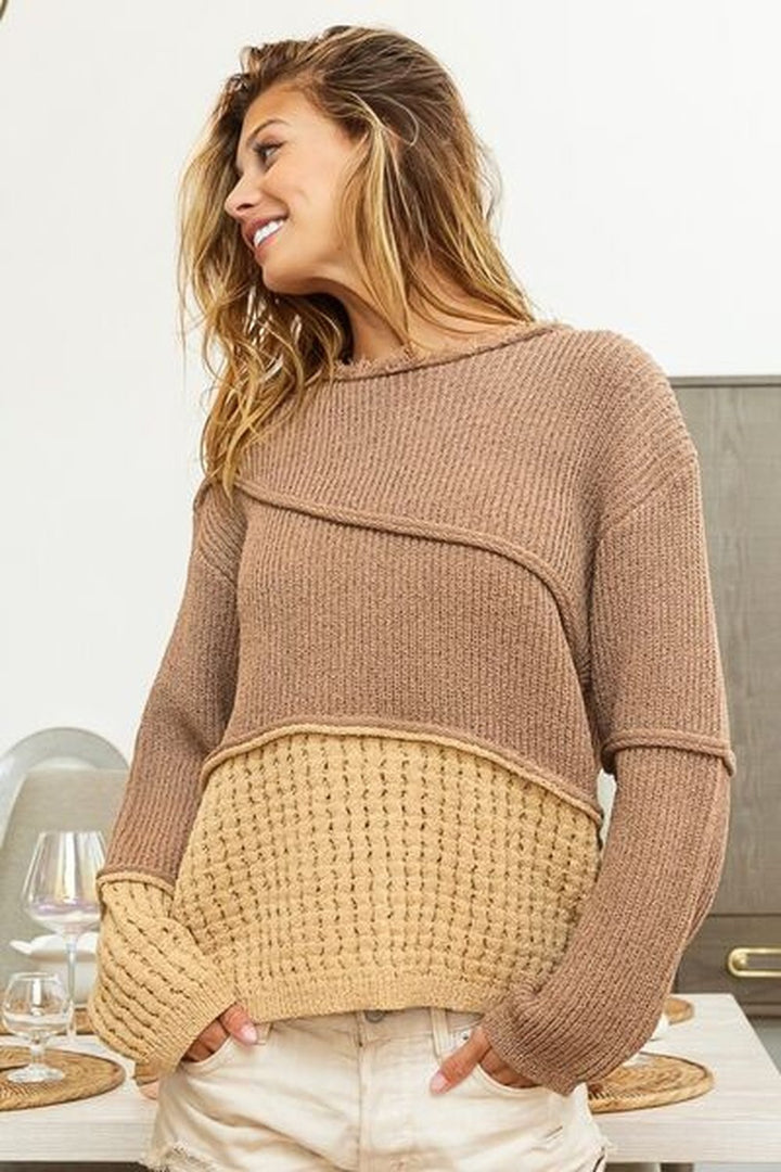 BiBi Texture Detail Contrast Drop Shoulder Sweater - Pullover Sweaters - FITGGINS