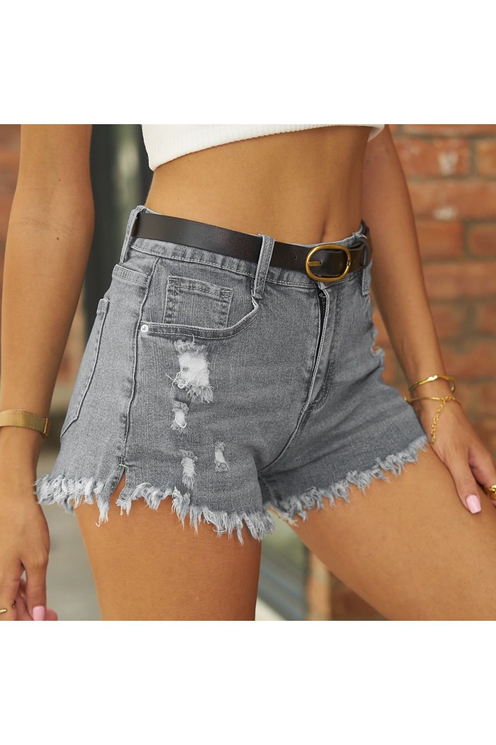 Raw Hem Distressed Denim Shorts - Denim Shorts - FITGGINS