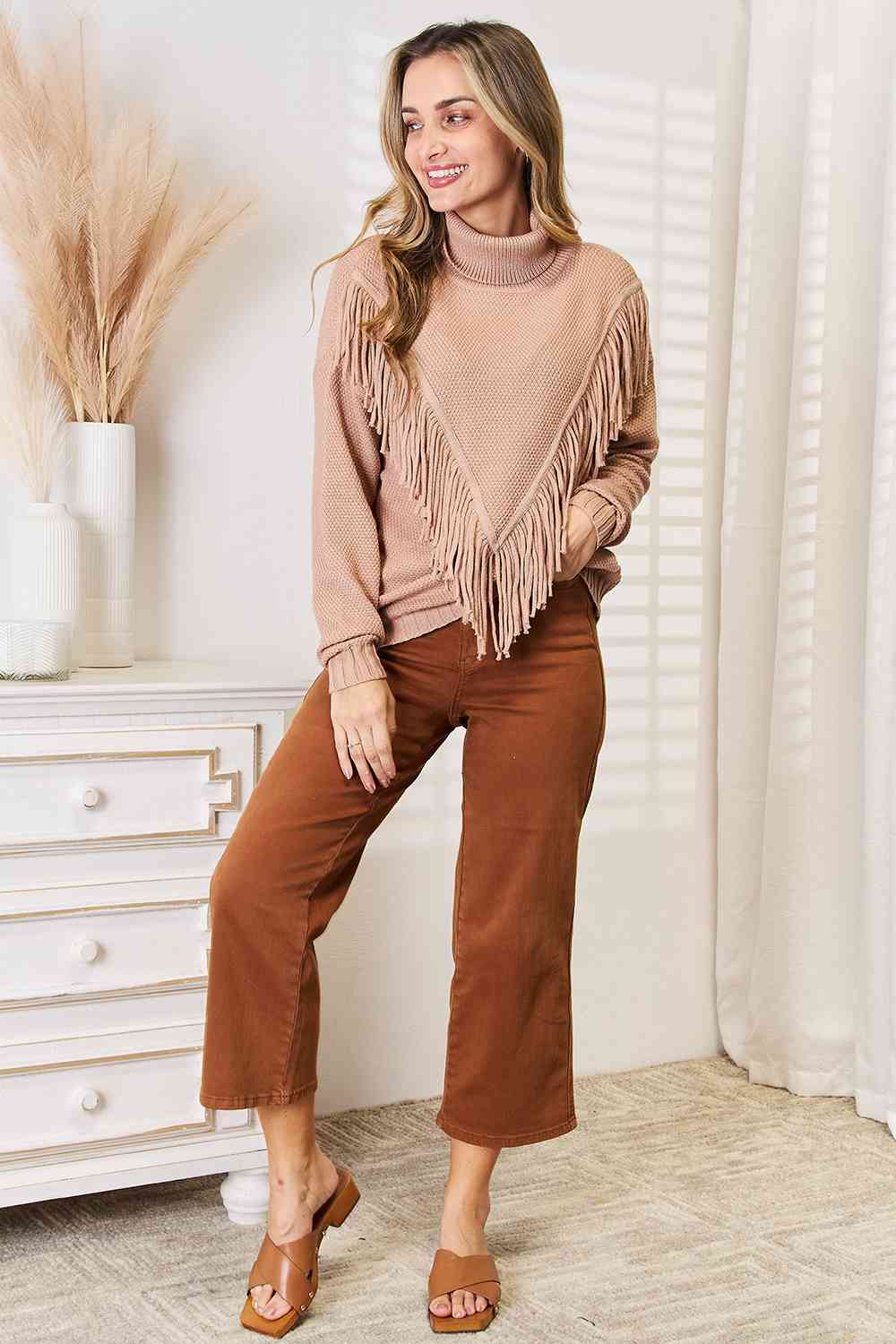 Woven Right Turtleneck Fringe Front Long Sleeve Sweater - Pullover Sweaters - FITGGINS