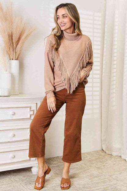 Woven Right Turtleneck Fringe Front Long Sleeve Sweater - Pullover Sweaters - FITGGINS